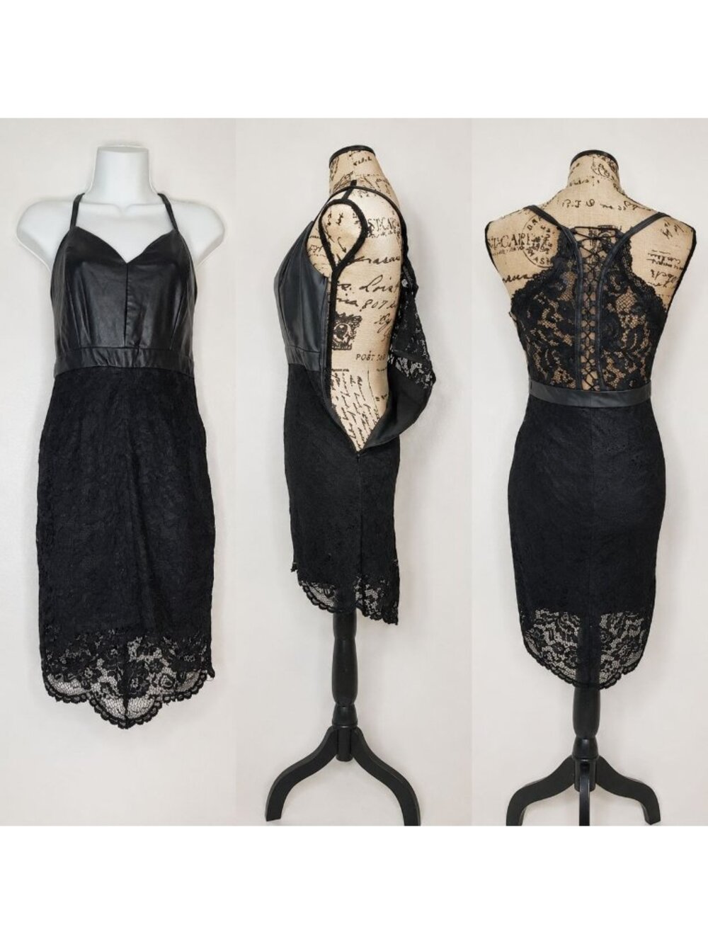 Midnight Nikibiki  Black Lace Faux Leather Dress Small
